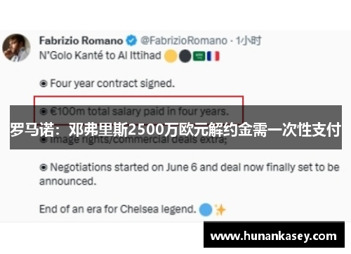 罗马诺:邓弗里斯2500万欧元解约金需一次性支付 罗马诺:邓弗里斯2500万欧元解约金需一次性支付